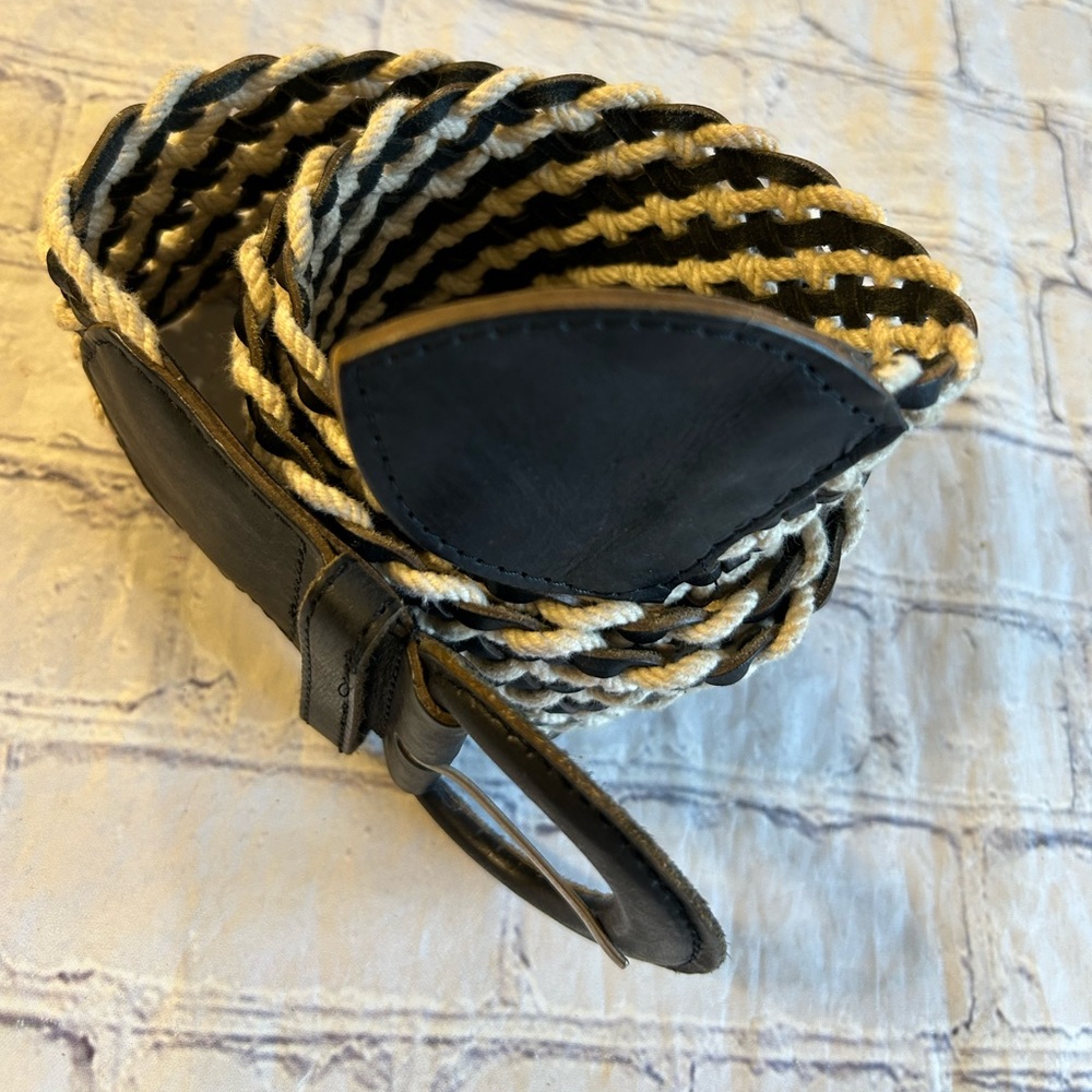 APT.9 WIDE BLACK AND CREAM WOVEN ON BRAZILIAN LEATHER INDIA MADE WOMENS BELT L - Picture 2 of 8